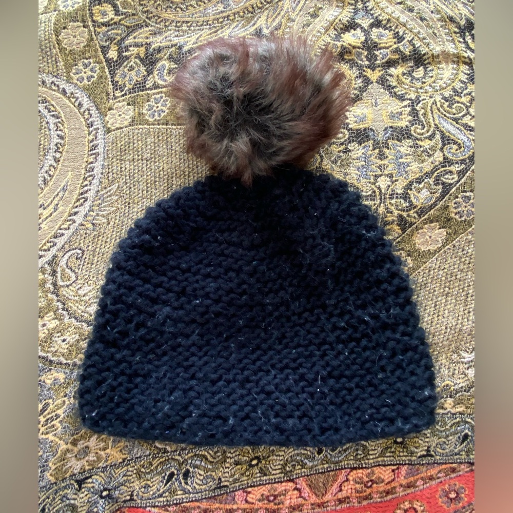 Black Knit Bennie With Faux Fir Pom
